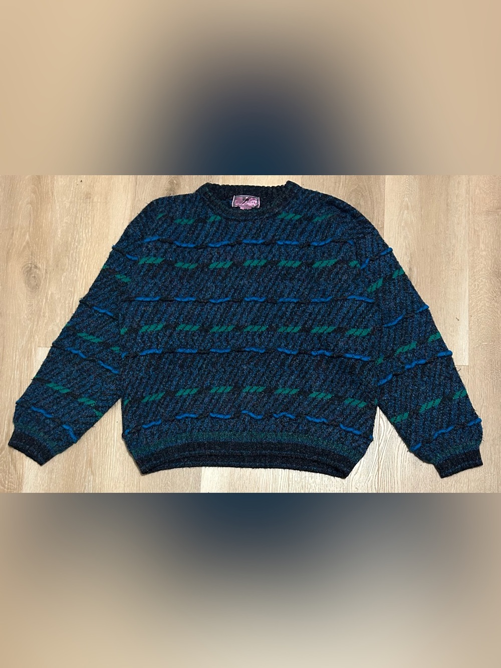 Vintage 90’s Concrete Men's Textured Crewneck Sweater in Dark Teal and Blue